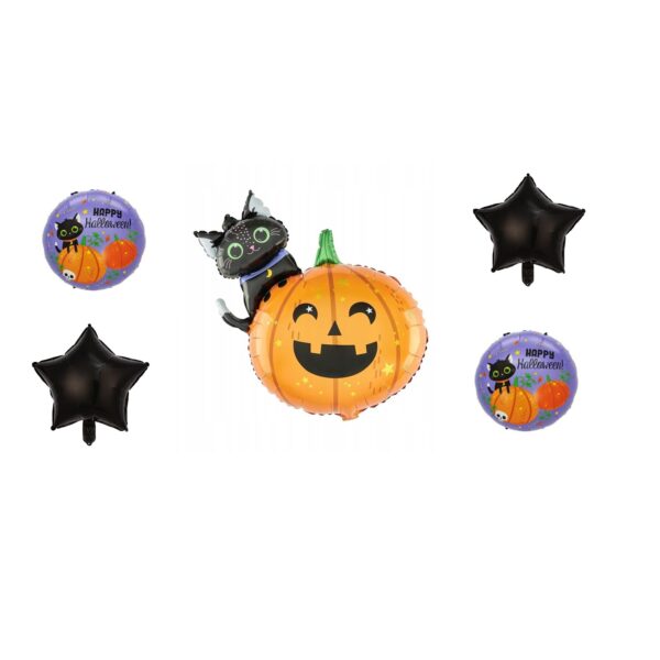 Set 5 Baloane din Folie Metalizata, , Figurine, Tema Halloween, Pai Inclus, Ambalaj Individual, Umflare cu Aer sau Heliu, Figurina Dovleac si Pisica 84x69 cm, Stelute si Cerculete 45 cm, Multicolor