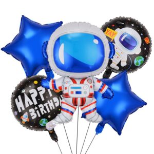 Set 5 baloane din folie metalizata HAPPY BIRTHDAY, , Figurina Model Astronaut, Stelute Albastre, Adeziv si pai incluse, 78 x 45cm, Albastru inchis