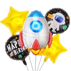 Set 5 baloane din folie metalizata HAPPY BIRTHDAY, , Figurina Model Racheta, Stelute Galbene, Adeziv si pai incluse, 78 x 45cm, Galben Alb