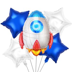 Set 5 baloane din folie metalizata HAPPY BIRTHDAY, , Figurina Model Racheta, Stelute Albastre, Adeziv si pai incluse, 78 x 45cm, Albastru Alb