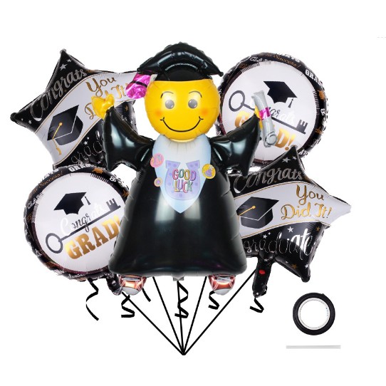 Baloane cu tematica Absolvire, , set din 5 baloane, 1 Figurina Absolventa, 2 stele, 2 rotunde, din folie de aluminiu, 70 x 40 cm, Aer si Heliu, Alb Negru