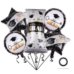 Baloane cu tematica Absolvire, , set din 5 baloane, 1 Figurina Diploma, 2 stele, 2 rotunde, din folie de aluminiu, 70 x 40 cm, Aer si Heliu, Alb Negru