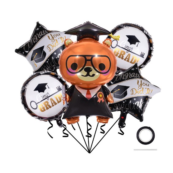 Baloane cu tematica Absolvire, , set din 5 baloane, 1 Figurina Ursulet, 2 stele, 2 rotunde, din folie de aluminiu, 70 x 40 cm, Aer si Heliu, Alb Negru
