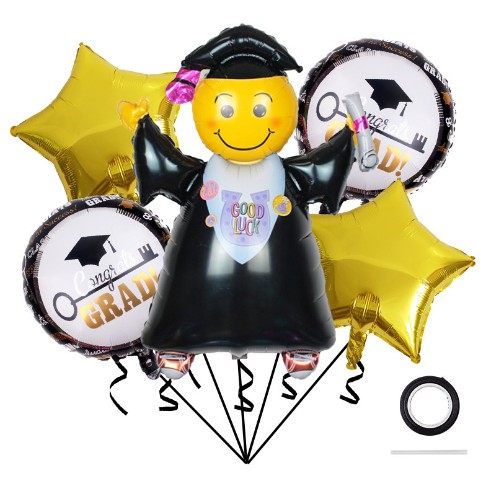 Baloane cu tematica Absolvire, , set din 5 baloane, 1 Figurina Absolventa, 2 stele, 2 rotunde, din folie de aluminiu, 70 x 40 cm, Aer si Heliu, Auriu Negru