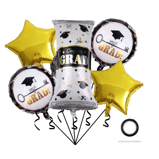 Baloane cu tematica Absolvire, , set din 5 baloane, 1 Figurina Diploma, 2 stele, 2 rotunde, din folie de aluminiu, 70 x 40 cm, Aer si Heliu, Auriu Negru