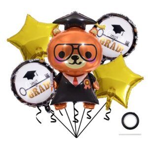 Baloane cu tematica Absolvire, , set din 5 baloane, 1 Figurina Ursulet, 2 stele, 2 rotunde, din folie de aluminiu, 70 x 40 cm, Aer si Heliu, Auriu Negru