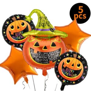 Set 5 Baloane din Folie Metalizata, , Figurine, Tema Halloween, Pai Inclus, Ambalaj Individual, Umflare cu Aer sau Heliu, Figurina Dovleac 54x87 cm, Stelute si Cerculete 45 cm, Multicolor