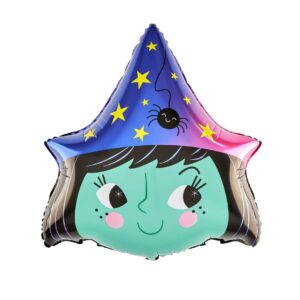 Baloane Halloween, , set din 5 Baloane, 1 Little Witch Halloween, 2 stele negre, 2 baloane rotunde multicolore, din folie de aluminiu, 30- 40 cm, pai de carton inclus, Multicolor