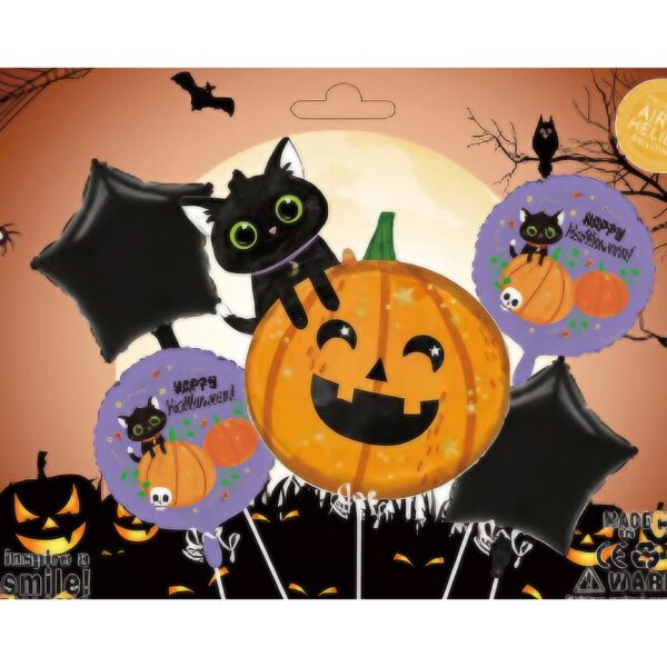 Set 5 Baloane din Folie Metalizata, , Figurine, Tema Halloween, Pai Inclus, Ambalaj Individual, Umflare cu Aer sau Heliu, Figurina Dovleac si Pisica 84x69 cm, Stelute si Cerculete 45 cm, Multicolor - imagine 2