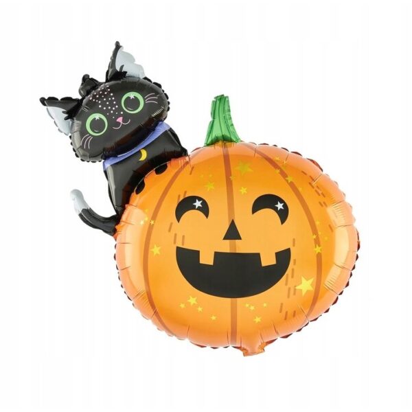 Set 5 Baloane din Folie Metalizata, , Figurine, Tema Halloween, Pai Inclus, Ambalaj Individual, Umflare cu Aer sau Heliu, Figurina Dovleac si Pisica 84x69 cm, Stelute si Cerculete 45 cm, Multicolor - imagine 3