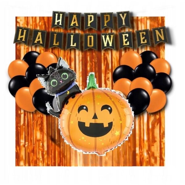 Set 5 Baloane din Folie Metalizata, , Figurine, Tema Halloween, Pai Inclus, Ambalaj Individual, Umflare cu Aer sau Heliu, Figurina Dovleac si Pisica 84x69 cm, Stelute si Cerculete 45 cm, Multicolor - imagine 4