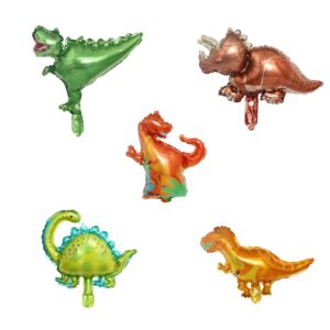 Set 5 Baloane Folie Metalizata, , Figurine Dinozauri, 30 cm, Ambalaj Individual, Pai inclus, Umflare cu Aer sau Heliu, Multicolor