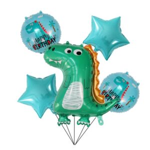 Set 5 Baloane folie de aluminiu, , Figurina Dinozaur, pentru aniversare HAPYY BIRTHDAY, Stelute Albastre si Baloane Albastre, 50 - 70 cm
