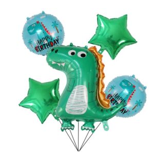 Set 5 Baloane folie de aluminiu, , Figurina Dinozaur, pentru aniversare HAPYY BIRTHDAY, Stelute Verzi si Baloane Albastre, 50 - 70 cm