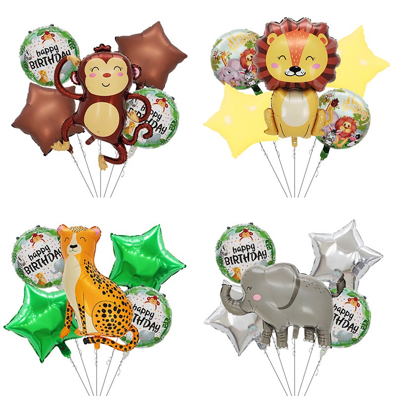Set 5 Baloane din Folie Metalizata, , Figurine, Tema Aniversare Jungla, Pai Inclus, Ambalaj Individual, Umflare cu Aer sau Heliu, Figurina Leu 69.5x101 cm, Stelute si Cerculete 45 cm, Multicolor - imagine 4