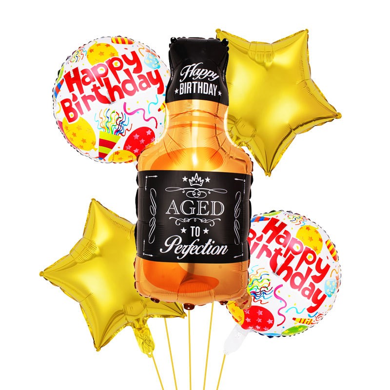 Set 5 Baloane din Folie Metalizata, , Figurine Sticla de Bautura, Model Stele, Tema Aniversare, Pai Inclus, Ambalaj Individual, Umflare cu Aer sau Heliu, Multicolor