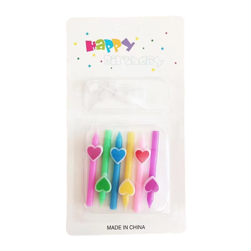 Set 6 Lumanari de Tort, , Model Creion cu Inimioare, 5.9 x 1.1 cm, din Ceara, Multicolor