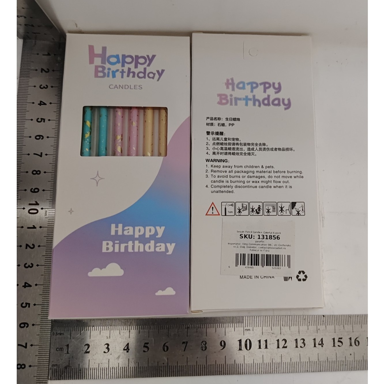 Set 6 Lumanari Lungi, , din Parafina, 10 x 0.5 cm, Happy Birthday, Multicolor - imagine 3