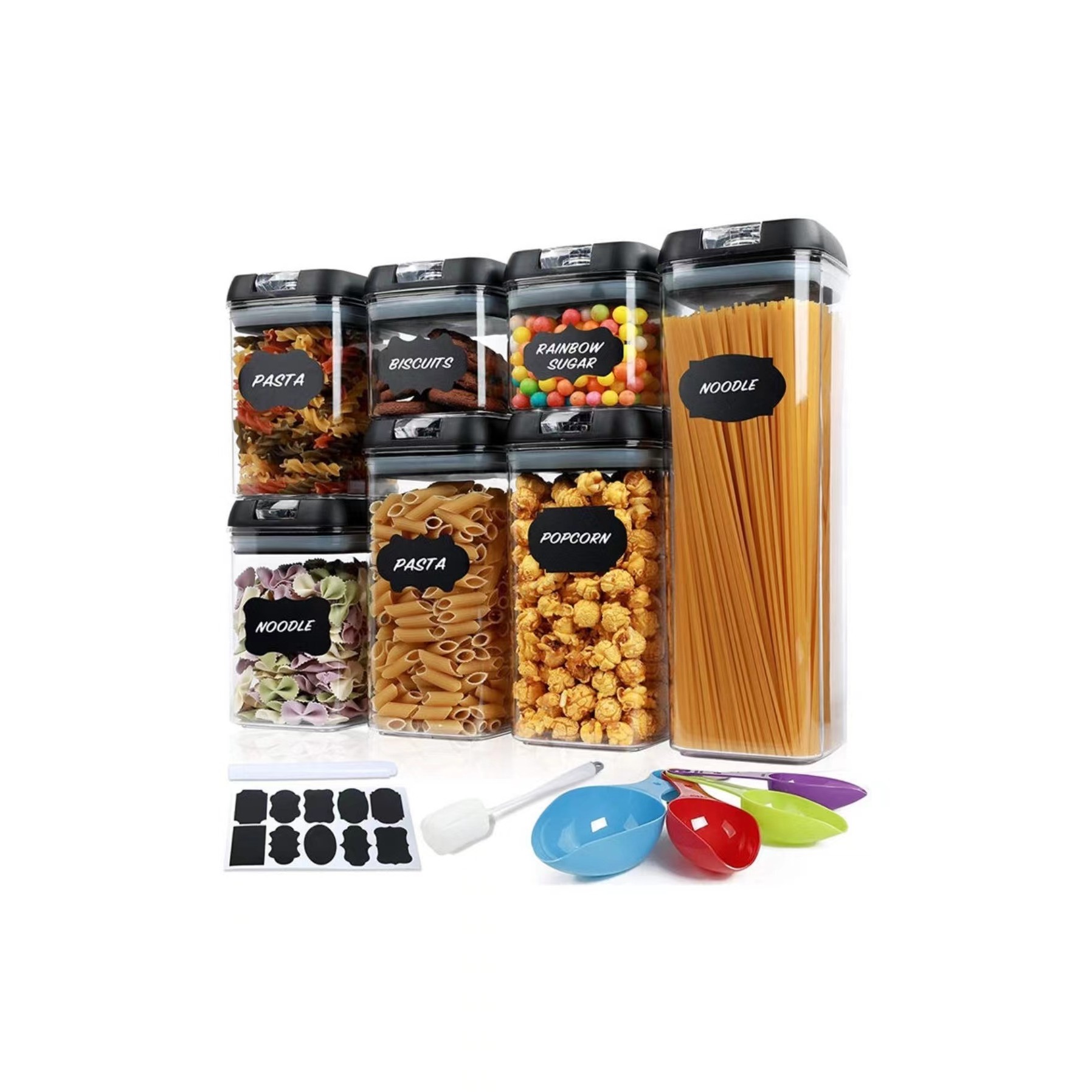 Set 7 Recipiente Organizare Alimente, , Inchidere Etansa, Etichete Reutilizabile, Cupe Masurare, 4 Dimensiuni Diferite, din Plastic Dur, Transparent