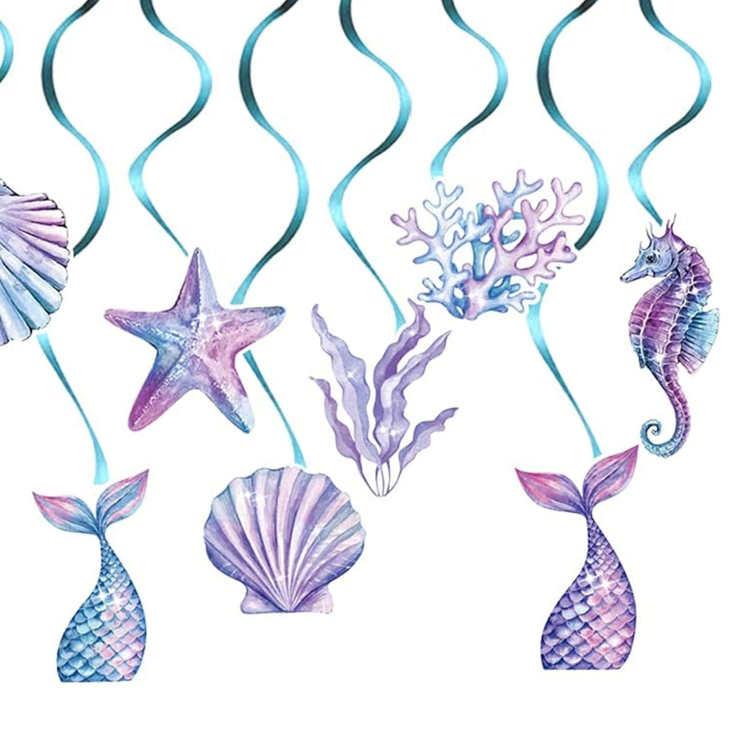 Set 8 Decoratiuni pentru Petrecere Sirena, , Colectia Mermaid, Panglici Incluse, Multicolor