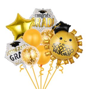 Set 8 Baloane din Folie Metalizată si din Latex, , Figurine Soare 77x67cm, Stea si Hexagon 45 cm, Baloane Latex 30 cm, Tema Absolvire, Ambalaj Individual, Pai Inclus, Umflare cu Aer sau Heliu, Multicolor