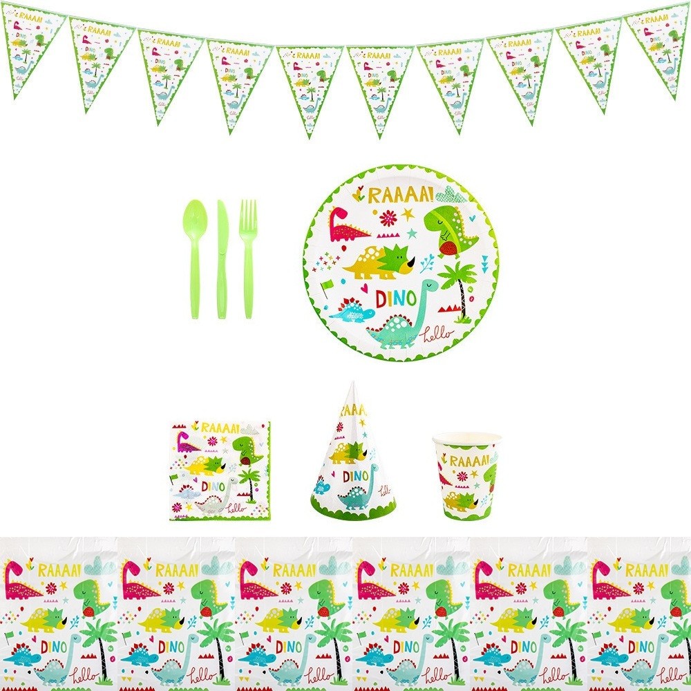 Set 9 Accesorii de Masa, , Colectia Dino Park, 82 Piese, din Carton/Plastic/Hartie, Multicolor