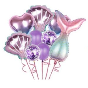 Set baloane aniversare pentru fetita, set din 9 baloane, , Tematica Sirene, 5 Baloane Folie, 4 baloane latex, cu inimii Mov metalizat