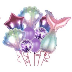 Set baloane aniversare pentru fetita, set din 9 baloane, , Tematica Sirene, 5 Baloane Folie, 4 baloane latex, cu stele, Mov gradient