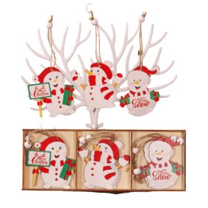 Set 9 Decoratiuni de Craciun din Lemn, , cu Snur pentru Agatare in Brad, Model Oameni de Zapada, 3 Modele, Diferite Dimensiuni, Multicolor