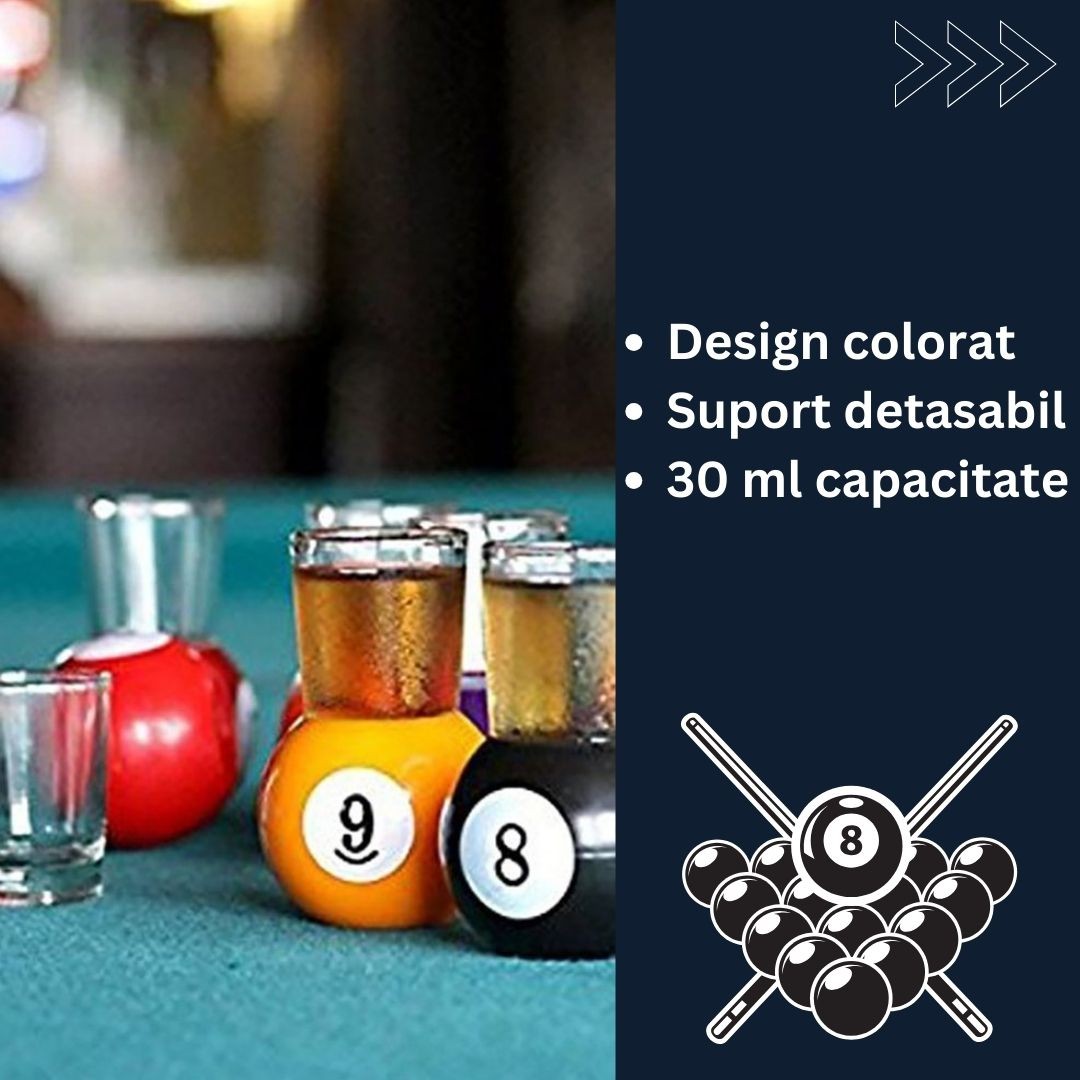 Set 9 pahare de shot , cu suport tip bila de biliard, detasabil, 30 ml, din sticla, 17 x 17 x 10 cm, multicolor - imagine 3