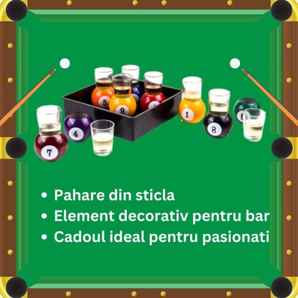 Set 9 pahare de shot , cu suport tip bila de biliard, detasabil, 30 ml, din sticla, 17 x 17 x 10 cm, multicolor - imagine 4