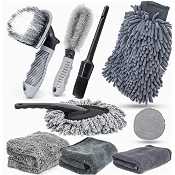 Set 9 Piese pentru Spalat Auto, , din Plastic si Microfibra, Perii si Lavete, Model B, Gri - imagine 3