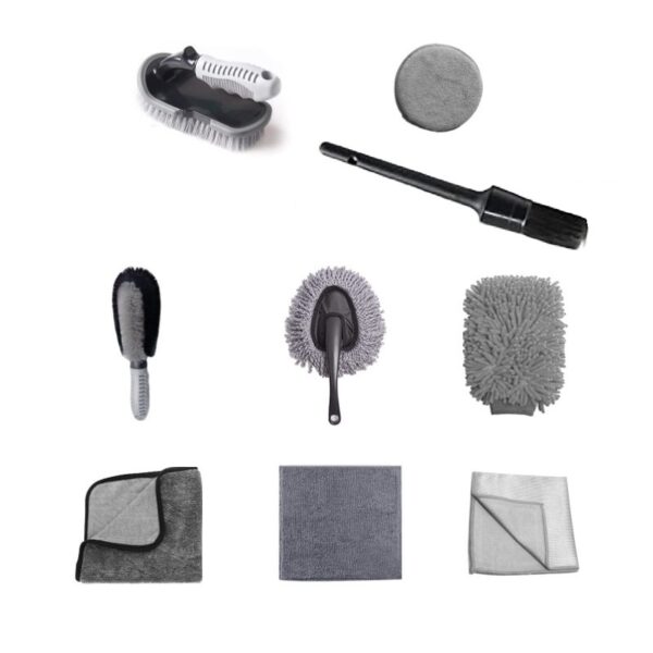 Set 9 Piese pentru Spalat Auto, , din Plastic si Microfibra, Perii si Lavete, Model B, Gri