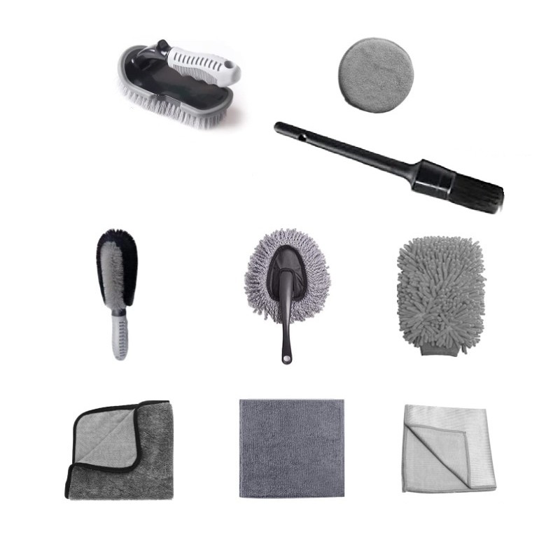 Set 9 Piese pentru Spalat Auto, , din Plastic si Microfibra, Perii si Lavete, Model B, Gri