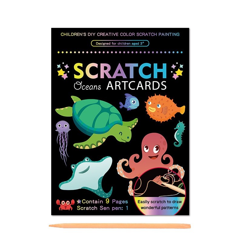 Set 9 Planse Razuibile, , Scratch ArtCards, +3 Ani, de Razuit si de Colorat, 19 x 14 cm, Model Ocean, Multicolor