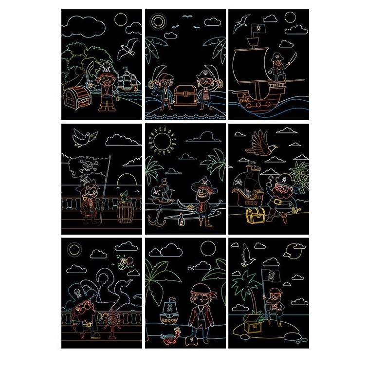Set 9 Planse Razuibile, , Scratch ArtCards, +3 Ani, de Razuit si de Colorat, 19 x 14 cm, Model Pirati, Multicolor - imagine 2