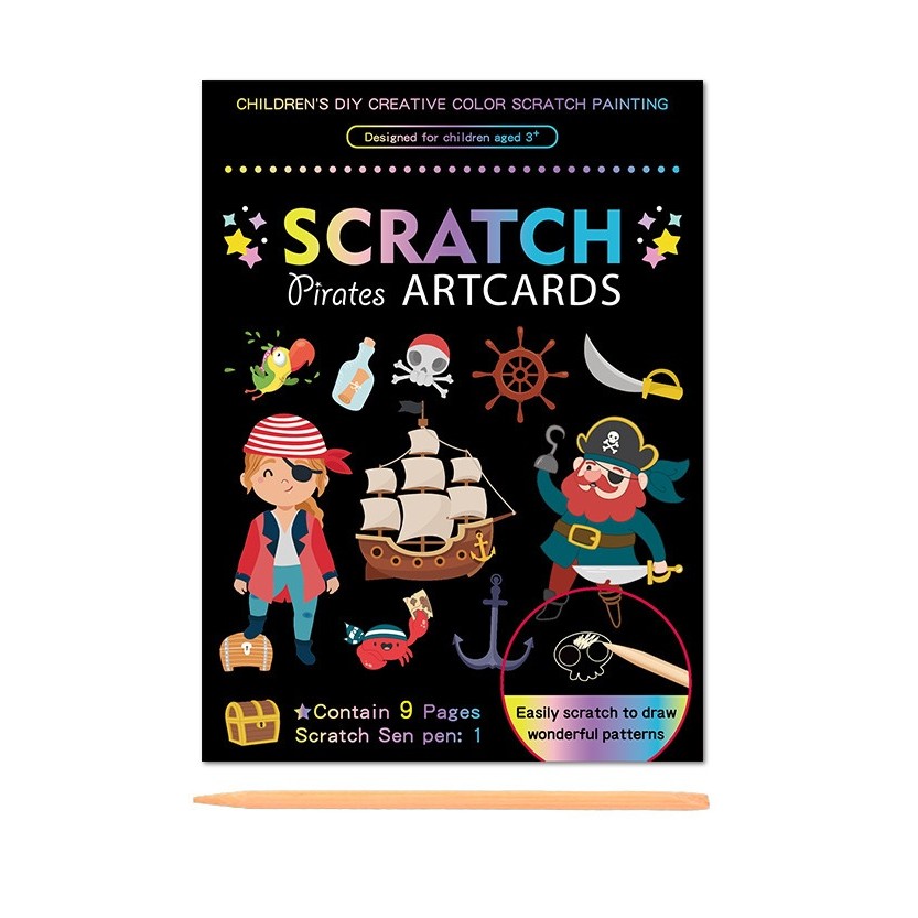 Set 9 Planse Razuibile, , Scratch ArtCards, +3 Ani, de Razuit si de Colorat, 19 x 14 cm, Model Pirati, Multicolor