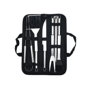 Set 9 Ustensile pentru Gratar, , din Otel Inoxidabil, Geanta Oxford, Argintiu