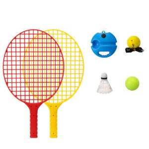 Set Badminton pentru Copii, , Doua Palete, Fluturas, 2 Mingi, Minge cu Elastic pentru Antrenament, Suport de Prindere Stabil, 40.5x23 cm, Rosu Galben