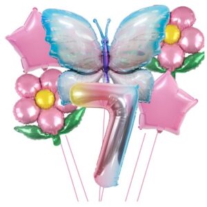 Set baloane aniversare cu numere, din folie de aluminiu, 6 piese, 2 flori, 2 stelute, 1 fluture, 1 cifra, Multicolor, Cifra 7
