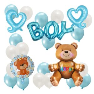 Set 25 Baloane, , din Latex si Folie de Aluminiu, Model Ursulet/Boy, Diferite Marimi, Albastru