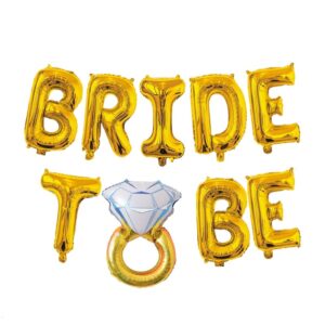 Set Baloane din Folie Metalizata, , Model Bride to Be cu Inel de Logodna, Litere de 40 cm, Baloane Party, Ambalaj Individual, Pai Inclus, Umflare cu Aer sau Heliu, Auriu