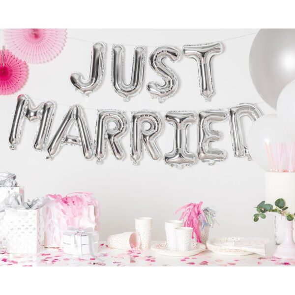 Set Baloane din Folie Metalizata, , Figurine Litere, Model Just Married, Tema Nunta, 40 cm, Baloane Party, Ambalaj Individual, Pai inclus, Umflare cu Aer sau Heliu, Argintiu - imagine 2
