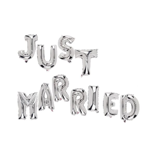 Set Baloane din Folie Metalizata, , Figurine Litere, Model Just Married, Tema Nunta, 40 cm, Baloane Party, Ambalaj Individual, Pai inclus, Umflare cu Aer sau Heliu, Argintiu - imagine 3