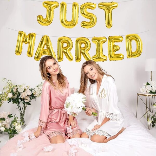 Set Baloane din Folie Metalizata, , Model Just Married, Litere de 40 cm, Baloane Party, Ambalaj Individual, Pai, Ata si Adeziv Incluse, Umflare cu Aer sau Heliu, Auriu - imagine 2