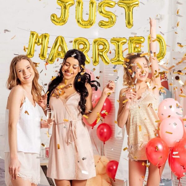 Set Baloane din Folie Metalizata, , Model Just Married, Litere de 40 cm, Baloane Party, Ambalaj Individual, Pai, Ata si Adeziv Incluse, Umflare cu Aer sau Heliu, Auriu - imagine 3