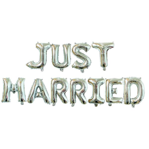 Set Baloane din Folie Metalizata, , Model Just Married, Litere de 40 cm, Baloane Party, Ambalaj Individual, Pai, Ata si Adeziv Incluse, Umflare cu Aer sau Heliu, Argintiu - imagine 2
