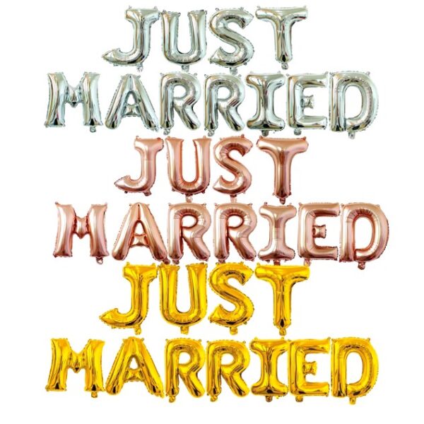 Set Baloane din Folie Metalizata, , Model Just Married, Litere de 40 cm, Baloane Party, Ambalaj Individual, Pai, Ata si Adeziv Incluse, Umflare cu Aer sau Heliu, Argintiu - imagine 3