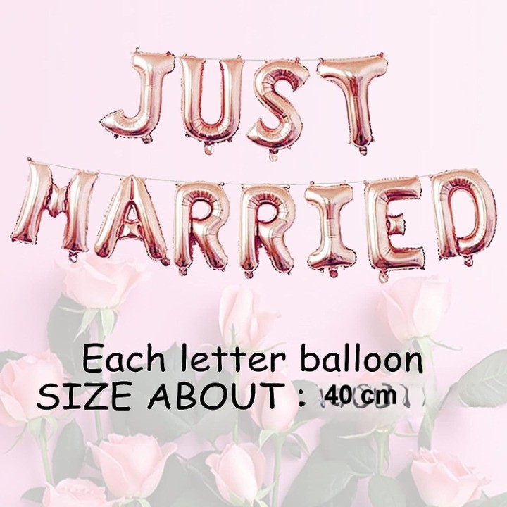Set Baloane din Folie Metalizata, , Model Just Married, Litere de 40 cm, Baloane Party, Ambalaj Individual, Pai, Ata si Adeziv Incluse, Umflare cu Aer sau Heliu, Roz - imagine 2