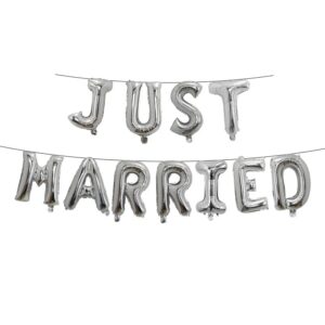 Set Baloane din Folie Metalizata, , Figurine Litere, Model Just Married, Tema Nunta, 40 cm, Baloane Party, Ambalaj Individual, Pai inclus, Umflare cu Aer sau Heliu, Argintiu
